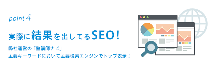 point04　実際に結果を出してるSEO！弊社運営の「塾講師ナビ」主要キーワードにおいて主要検索エンジンでトップ表示！